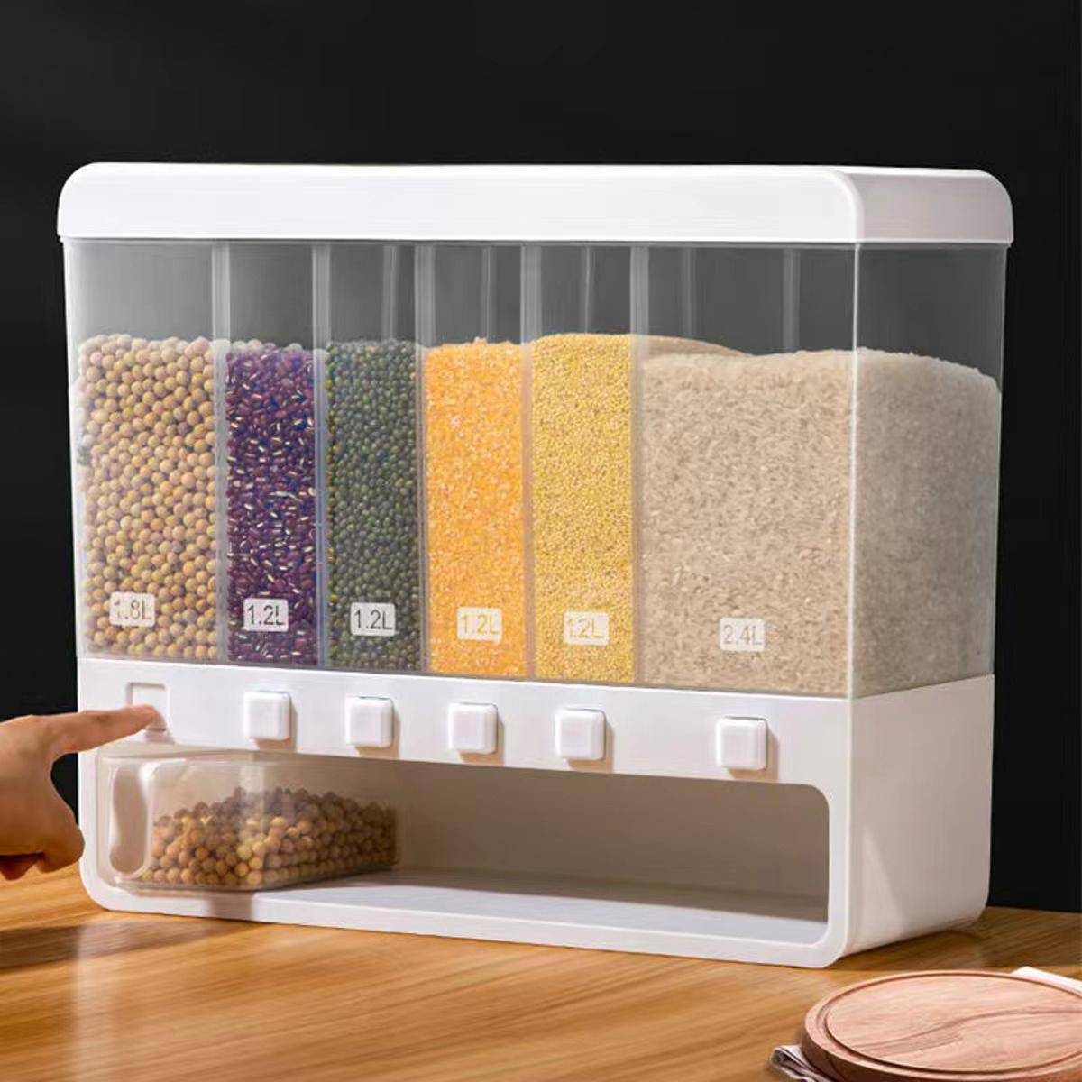 Rice Storage Dispenser - Wall Mounted 6-Grids 10kg Food Storage Box