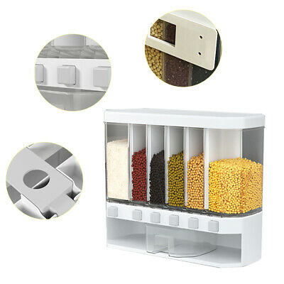 Rice Storage Dispenser - Wall Mounted 6-Grids 10kg Food Storage Box