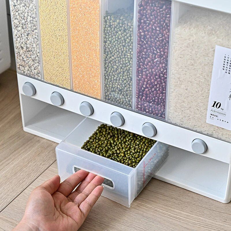 Rice Storage Dispenser - Wall Mounted 6-Grids 10kg Food Storage Box