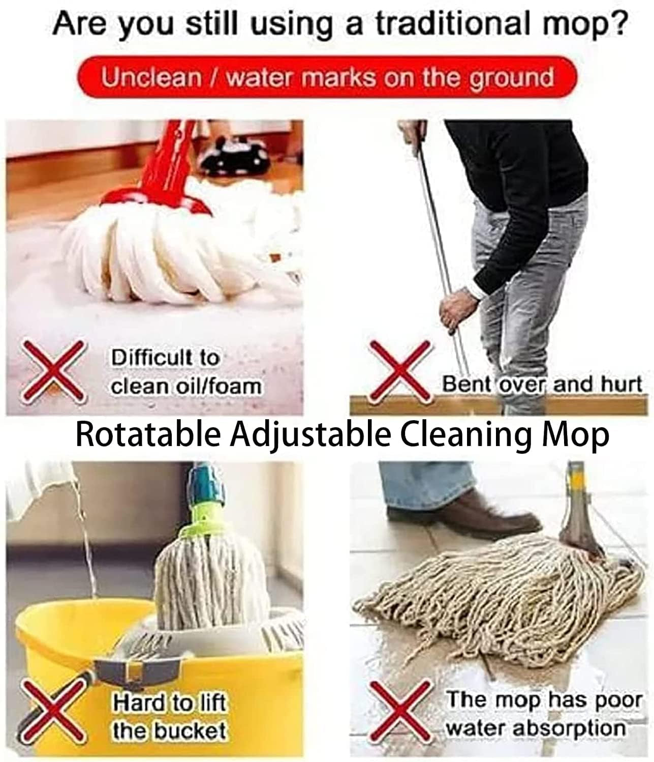 Wall Mop for Floor Cleaning and Long Handle Microfiber Spin Mops - 360° Rotatable Adjustable Cleaning Mop