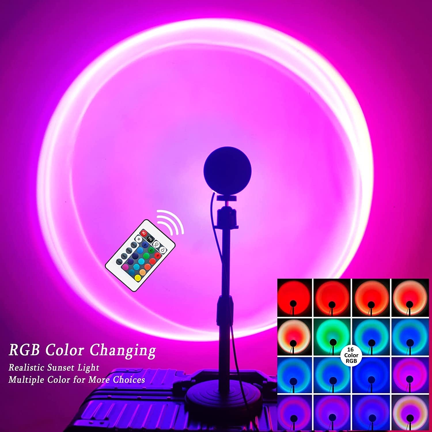 RGB Sunset Lamp Projector with Remote – 16 Color LED Light for Room Decor & Photography