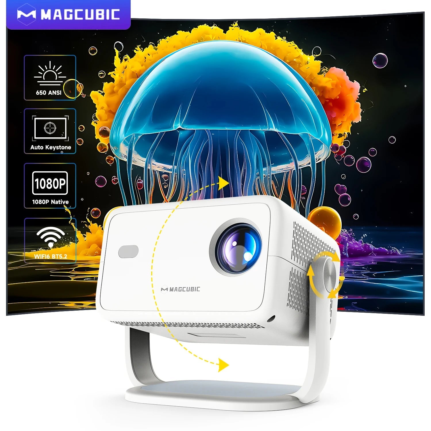 1080P 650ANSI 4K Android 11 L018 360° Projector with Auto Focus Keystone Air Mouse Wifi6 BT5.2 Portable Outdoor