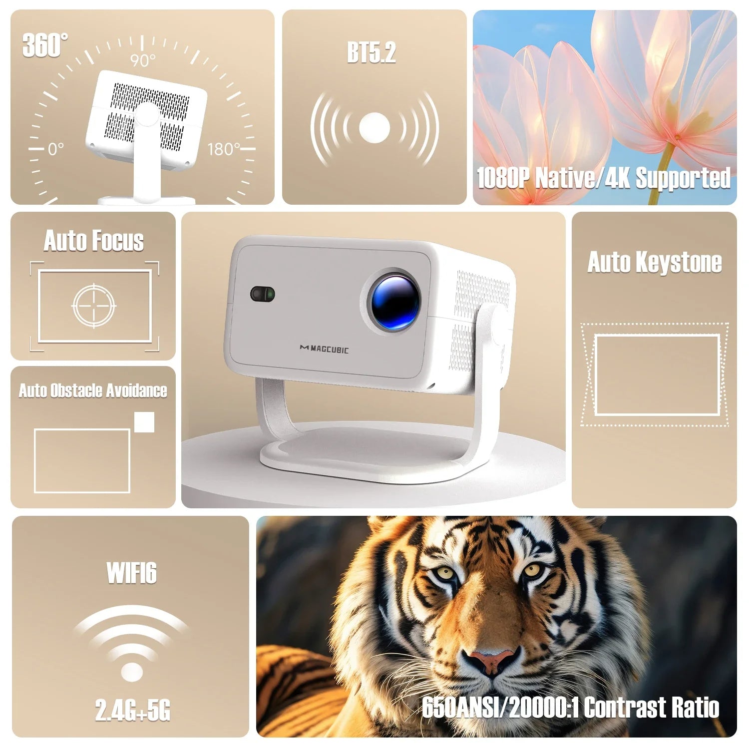 1080P 650ANSI 4K Android 11 L018 360° Projector with Auto Focus Keystone Air Mouse Wifi6 BT5.2 Portable Outdoor